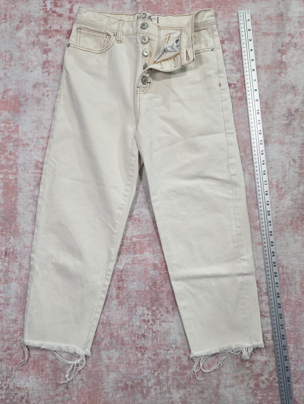 Free People We The Free Cream Button Fly Cropped Jeans Raw Hem